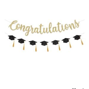 Congratulations Banner and Graduation Cap Garland - Gold and Black